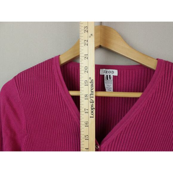 Izod Fuschia 3/4 Sleeve Ribbed Cardigan Sweater Medium Buttoned - Picture 5 of 9